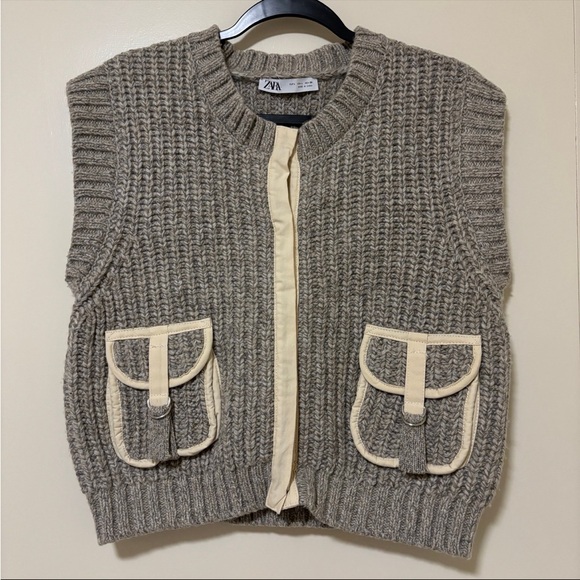 Zara Sweaters - Zara Taupe Knit Vest with Beige Trim